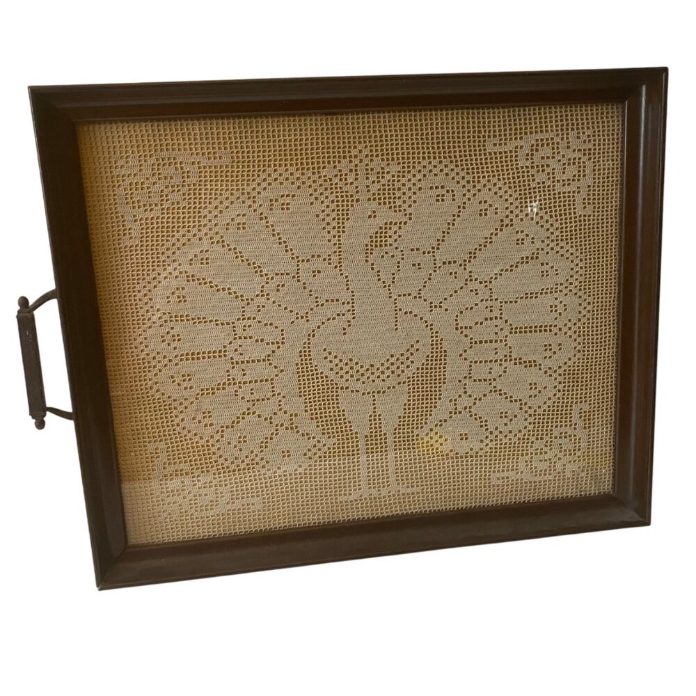 Victorian Wood Framed Glass Crochet Peacock Tray Brass Handle Thanksgiving Retro